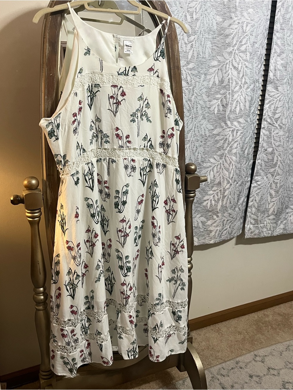 Disney Cream Floral Midi Dress with Green and Red Print